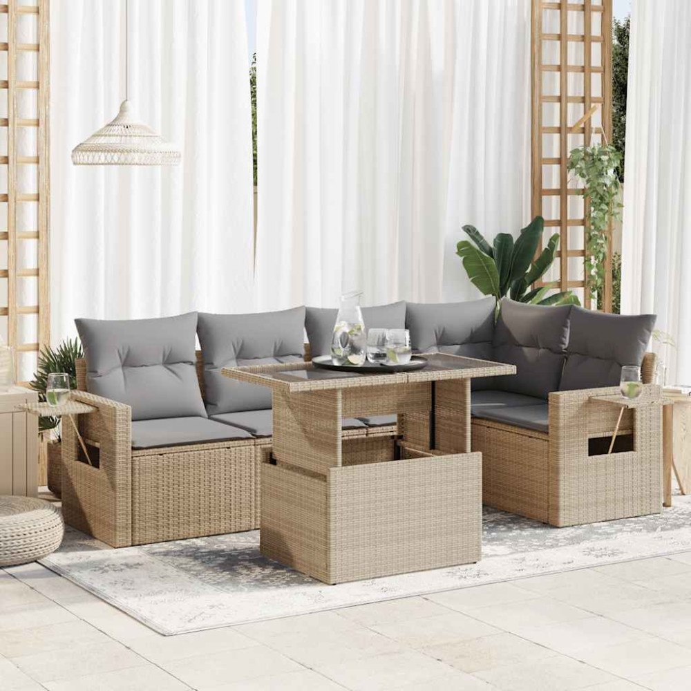 vidaXL Soffgrupp för trädgården med dynor 6 delar beige konstrotting