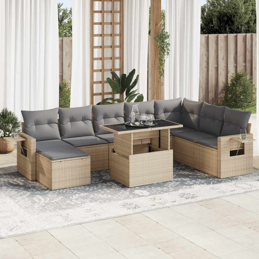 vidaXL Soffgrupp för trädgården med dynor 9 delar beige konstrotting