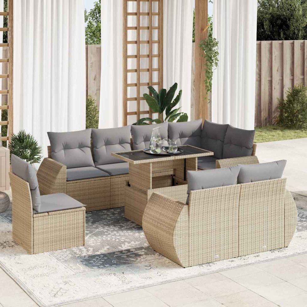 vidaXL Soffgrupp för trädgården med dynor 9 delar beige konstrotting