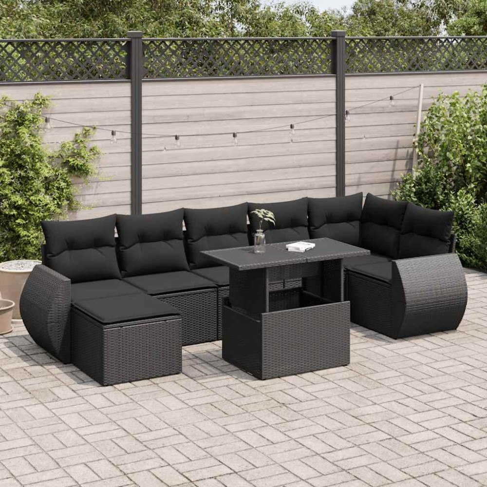 vidaXL Loungegrupp för trädgården med dynor 8 delar svart konstrotting