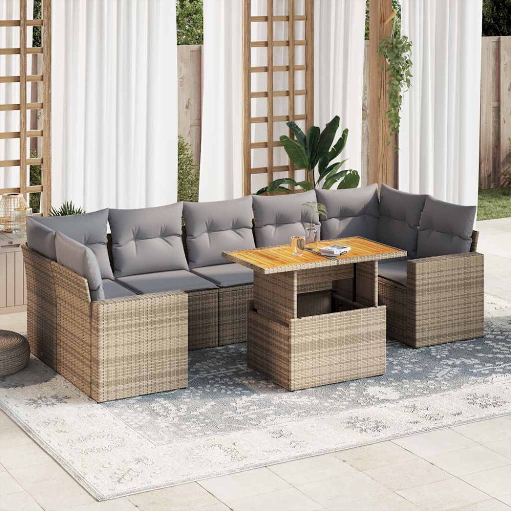 vidaXL Matgrupp för trädgården med dynor 8 delar beige konstrotting