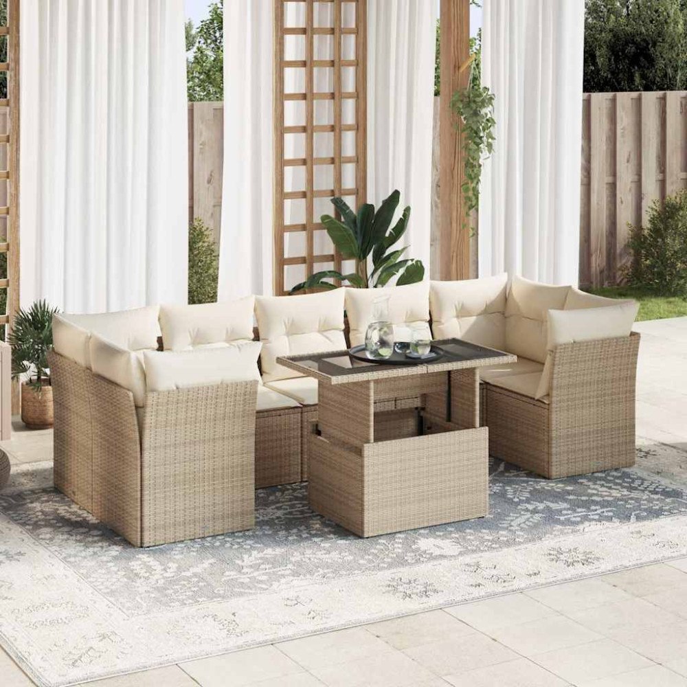 vidaXL Matgrupp för trädgården med dynor 8 delar beige konstrotting