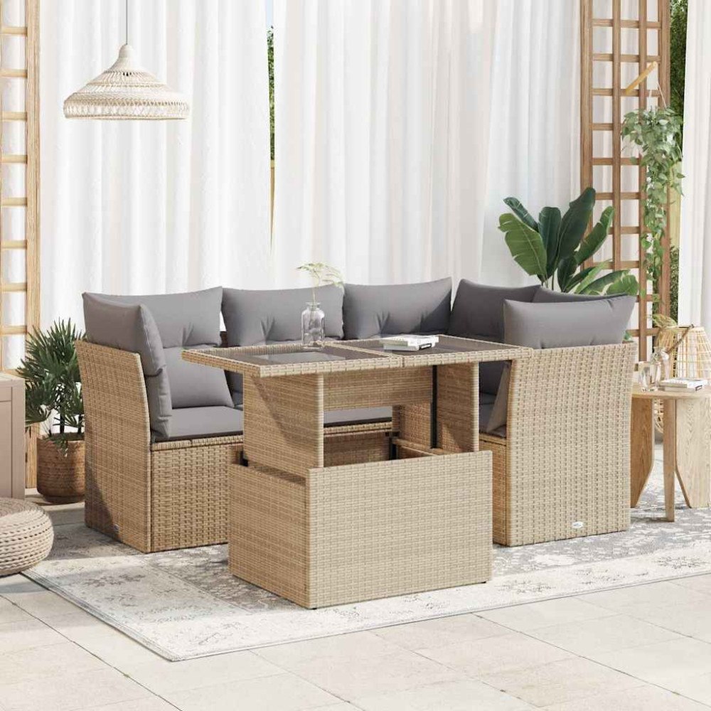 vidaXL Soffgrupp för trädgården med dynor 5 delar beige konstrotting
