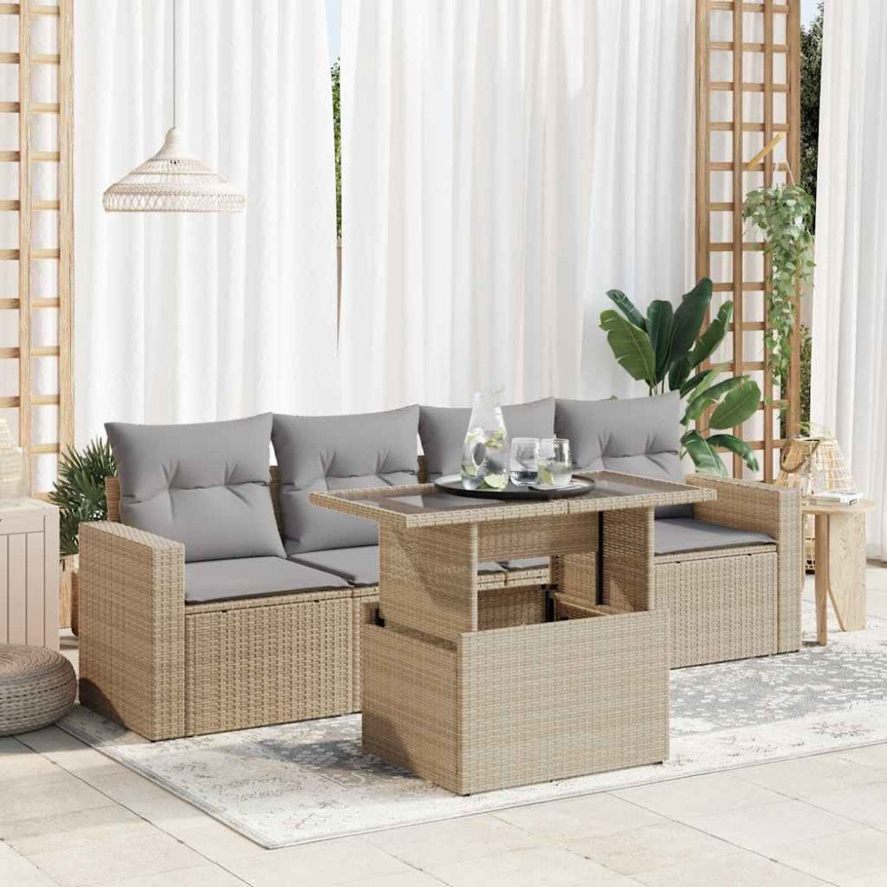 vidaXL Soffgrupp för trädgården med dynor 5 delar beige konstrotting