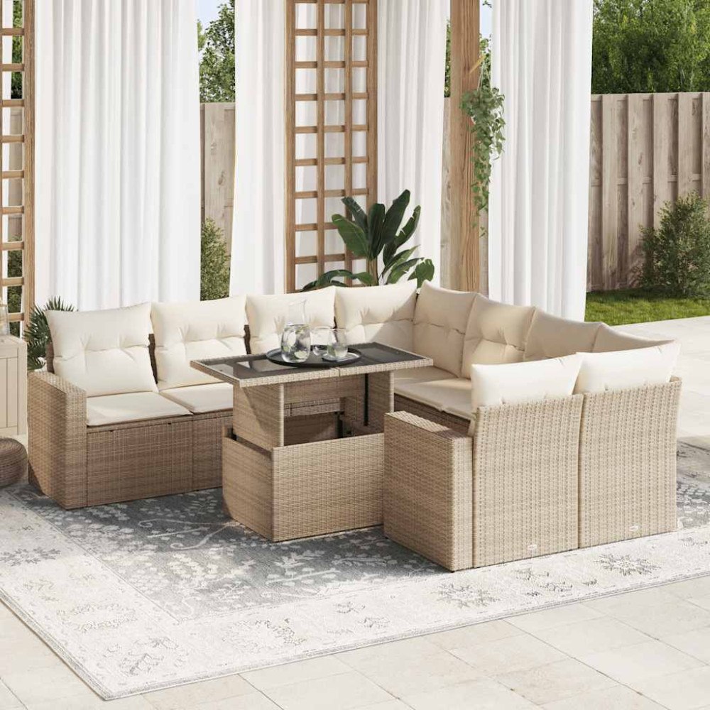 vidaXL Soffgrupp för trädgården med dynor 9 delar beige konstrotting
