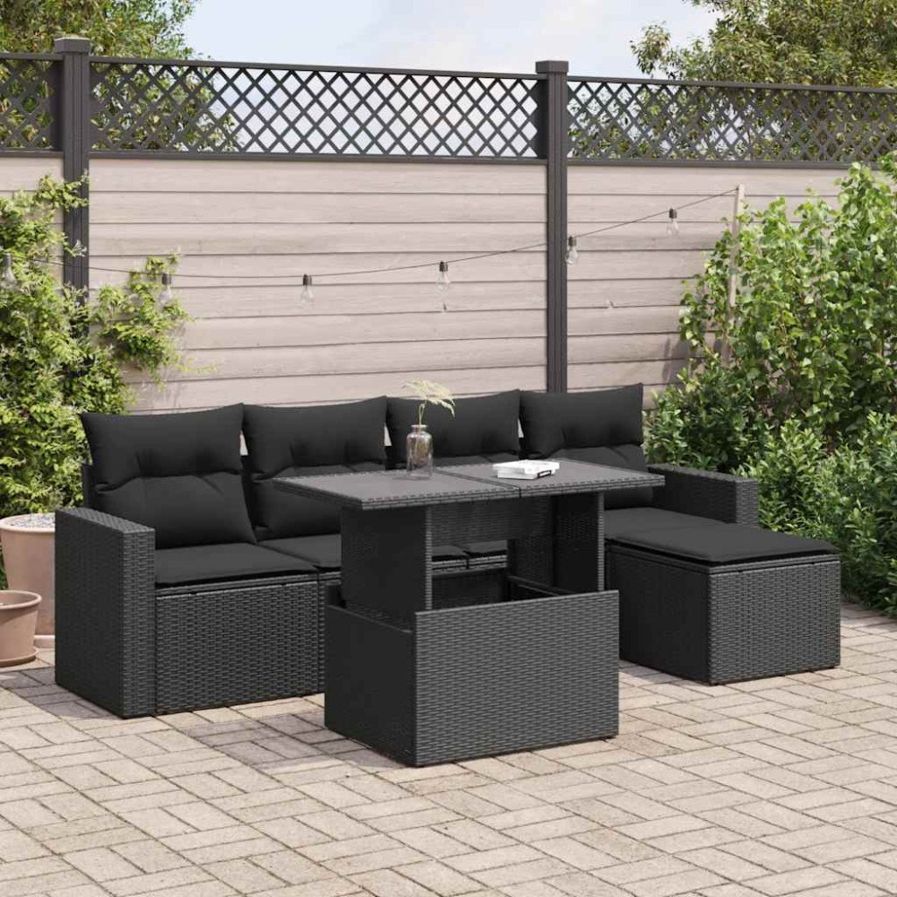 vidaXL Loungegrupp med dynor 6 delar svart konstrotting
