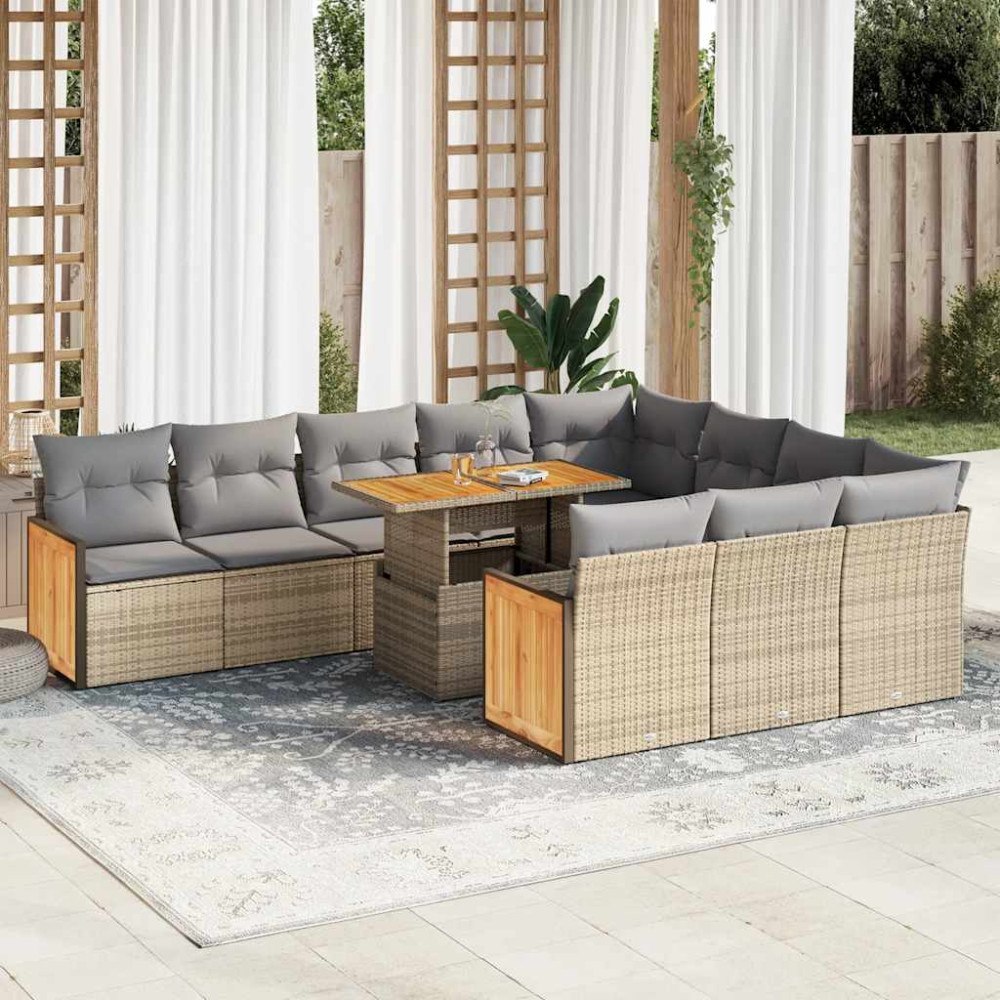 vidaXL Trädgårdssoffa med dynor 11 delar beige konstrotting akaciaträ
