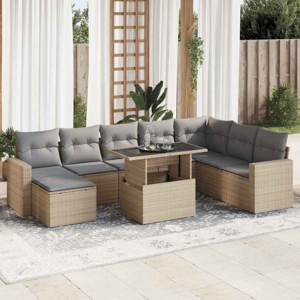 vidaXL Soffgrupp för trädgården med dynor 9 delar beige konstrotting