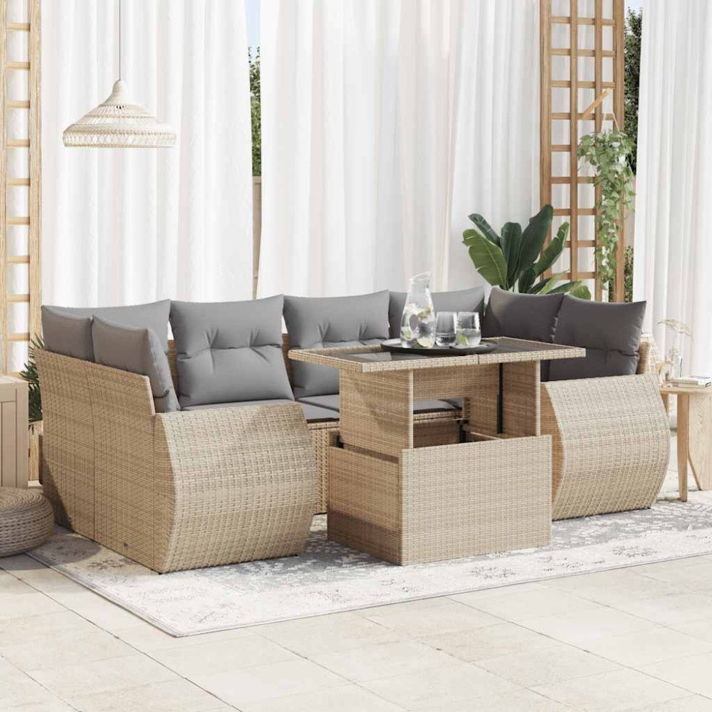 vidaXL Matgrupp för trädgården med dynor 7 delar beige konstrotting