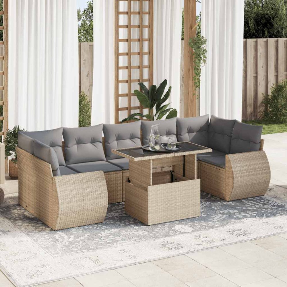 vidaXL Matgrupp för trädgården med dynor 8 delar beige konstrotting