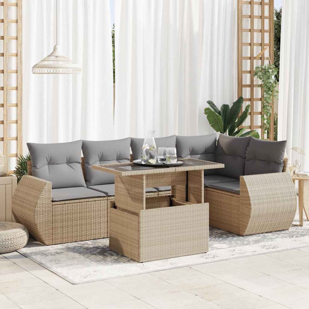 vidaXL Soffgrupp för trädgården med dynor 6 delar beige konstrotting