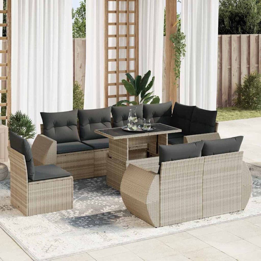 vidaXL Loungegrupp för trädgården m dynor 9 delar ljusgrå konstrotting