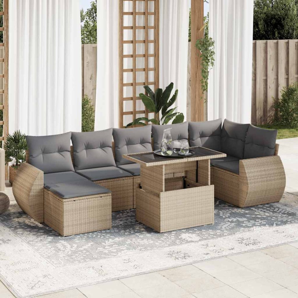 vidaXL Matgrupp för trädgården med dynor 8 delar beige konstrotting