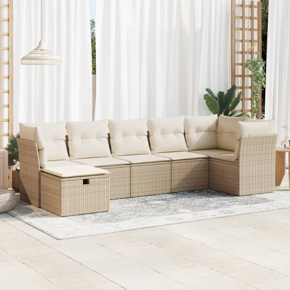 vidaXL Matgrupp för trädgården med dynor 7 delar beige konstrotting