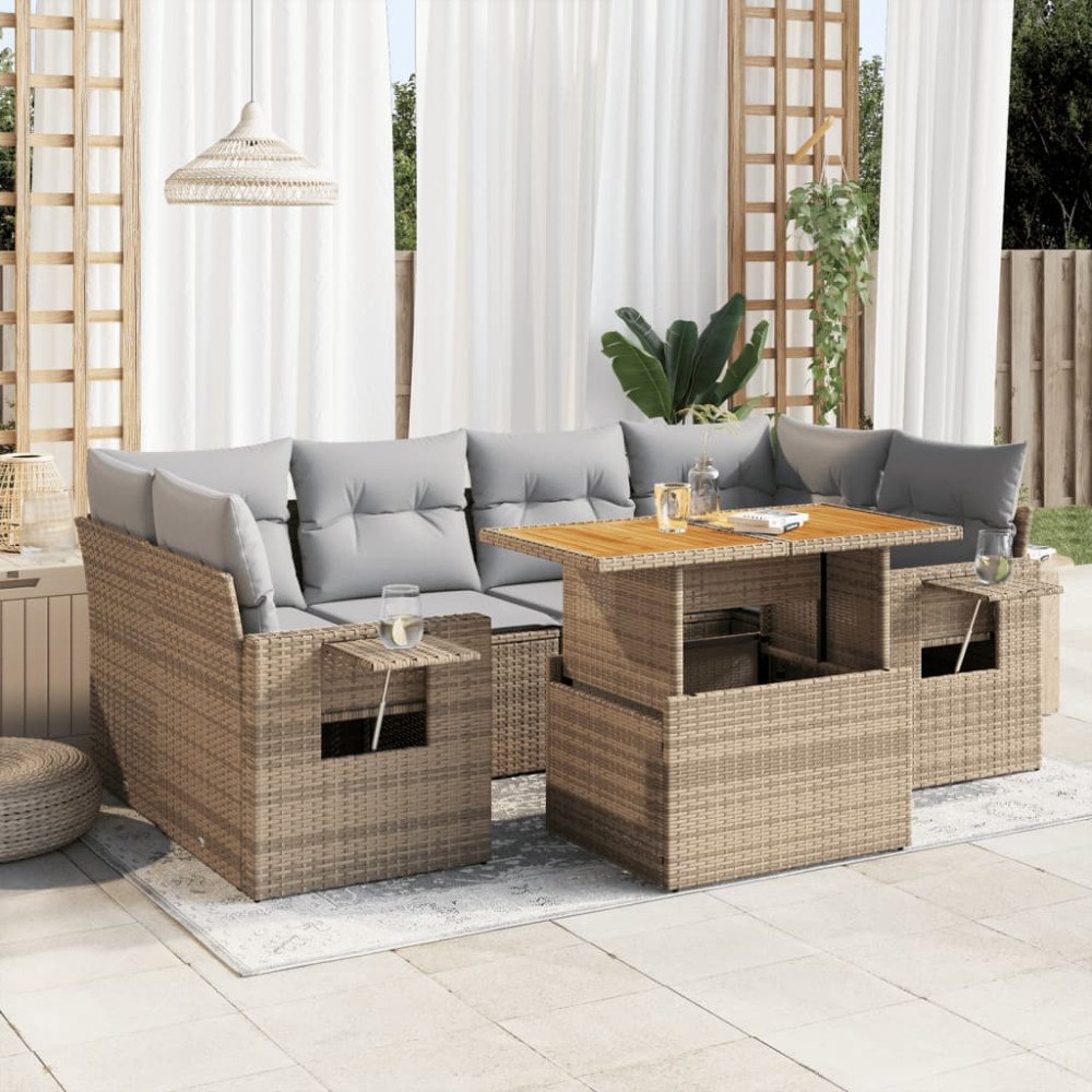 vidaXL Matgrupp för trädgården med dynor 7 delar beige konstrotting