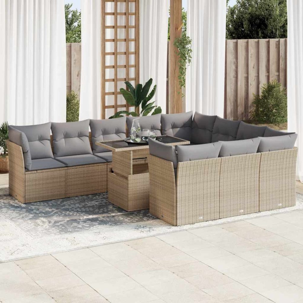 vidaXL Loungegrupp för trädgården m. dynor 11 delar beige konstrotting
