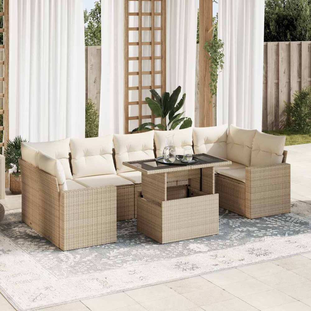 vidaXL Matgrupp för trädgården med dynor 8 delar beige konstrotting