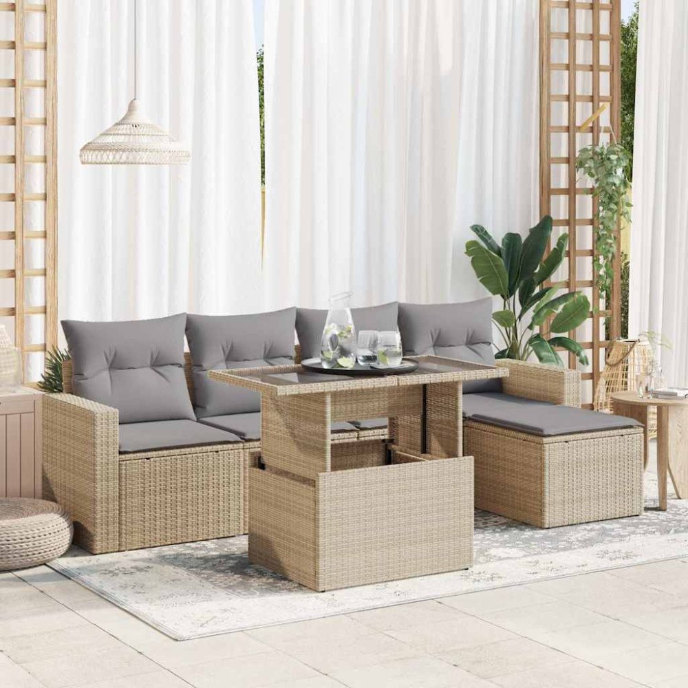 vidaXL Soffgrupp för trädgården med dynor 6 delar beige konstrotting