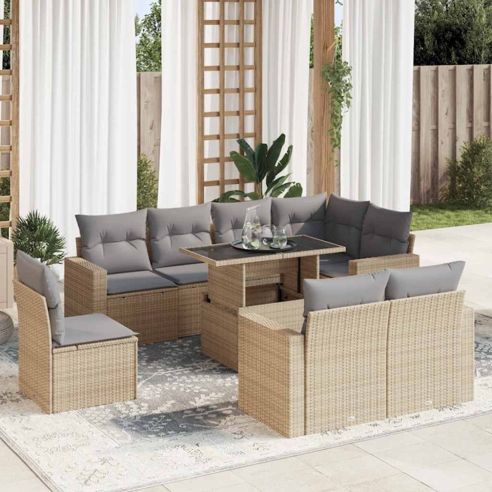 vidaXL Soffgrupp för trädgården med dynor 9 delar beige konstrotting