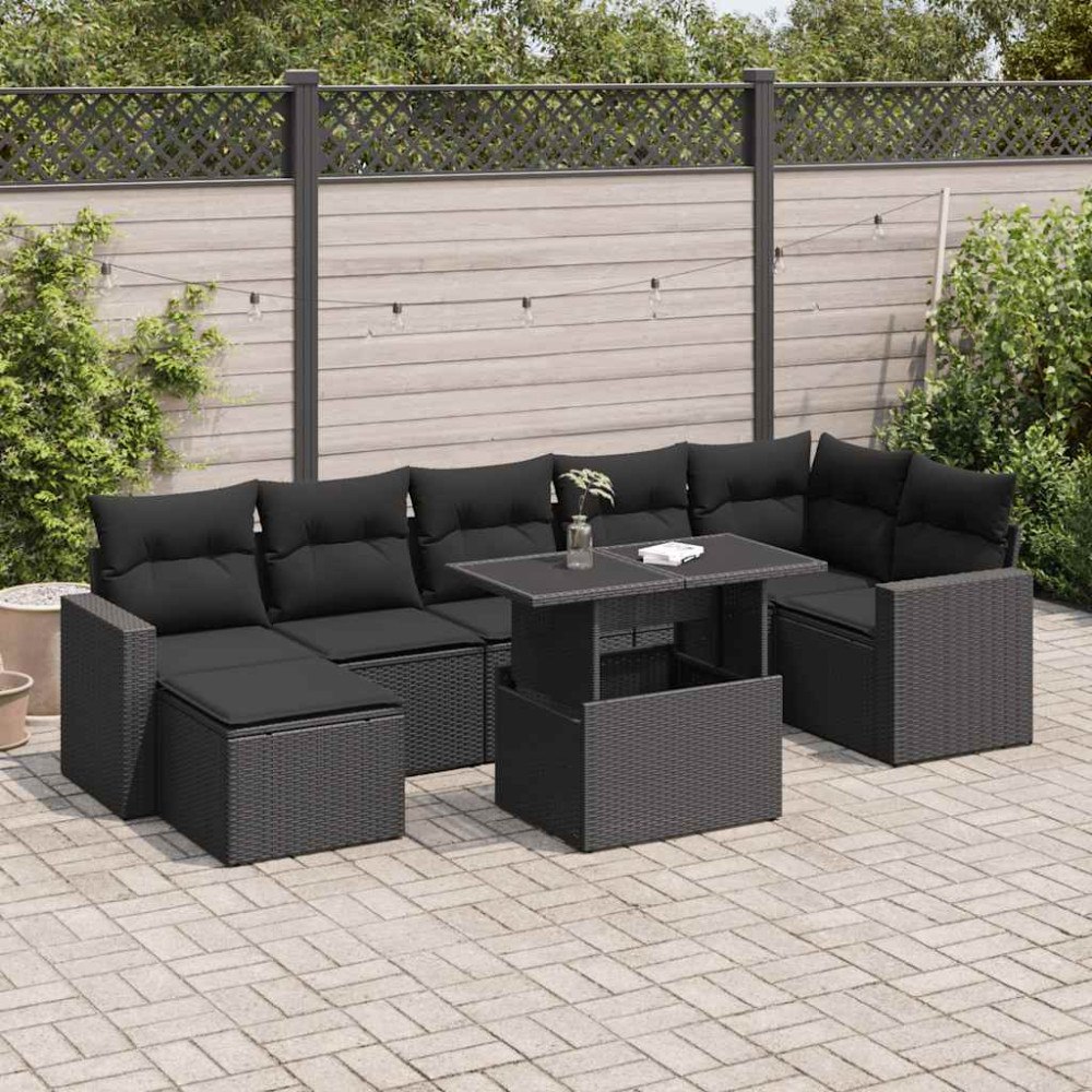 vidaXL Loungegrupp för trädgården med dynor 8 delar svart konstrotting