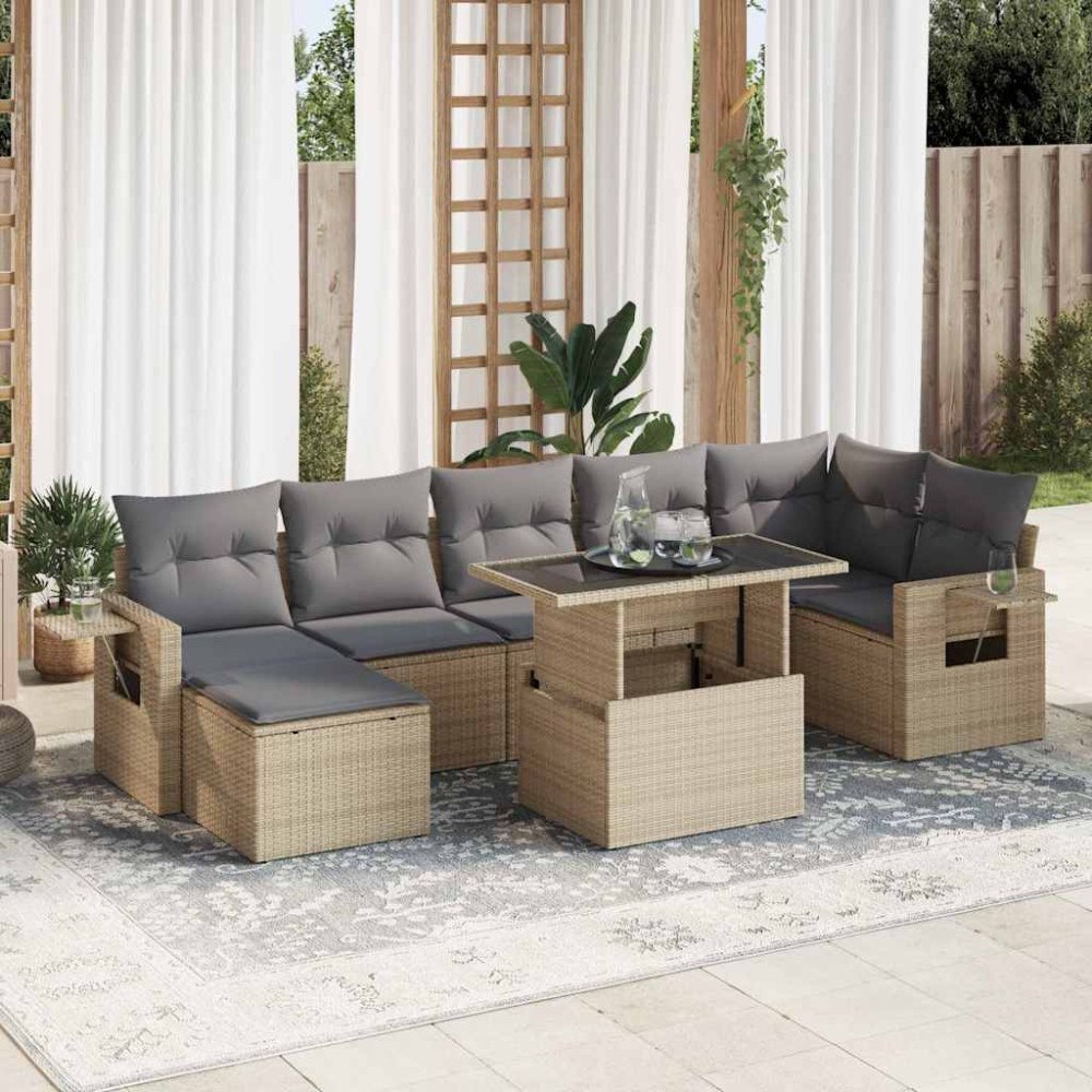 vidaXL Matgrupp för trädgården med dynor 8 delar beige konstrotting