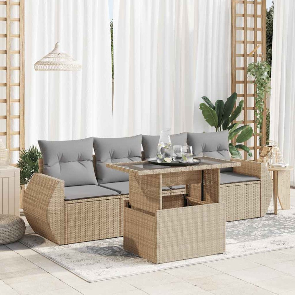 vidaXL Soffgrupp för trädgården med dynor 5 delar beige konstrotting