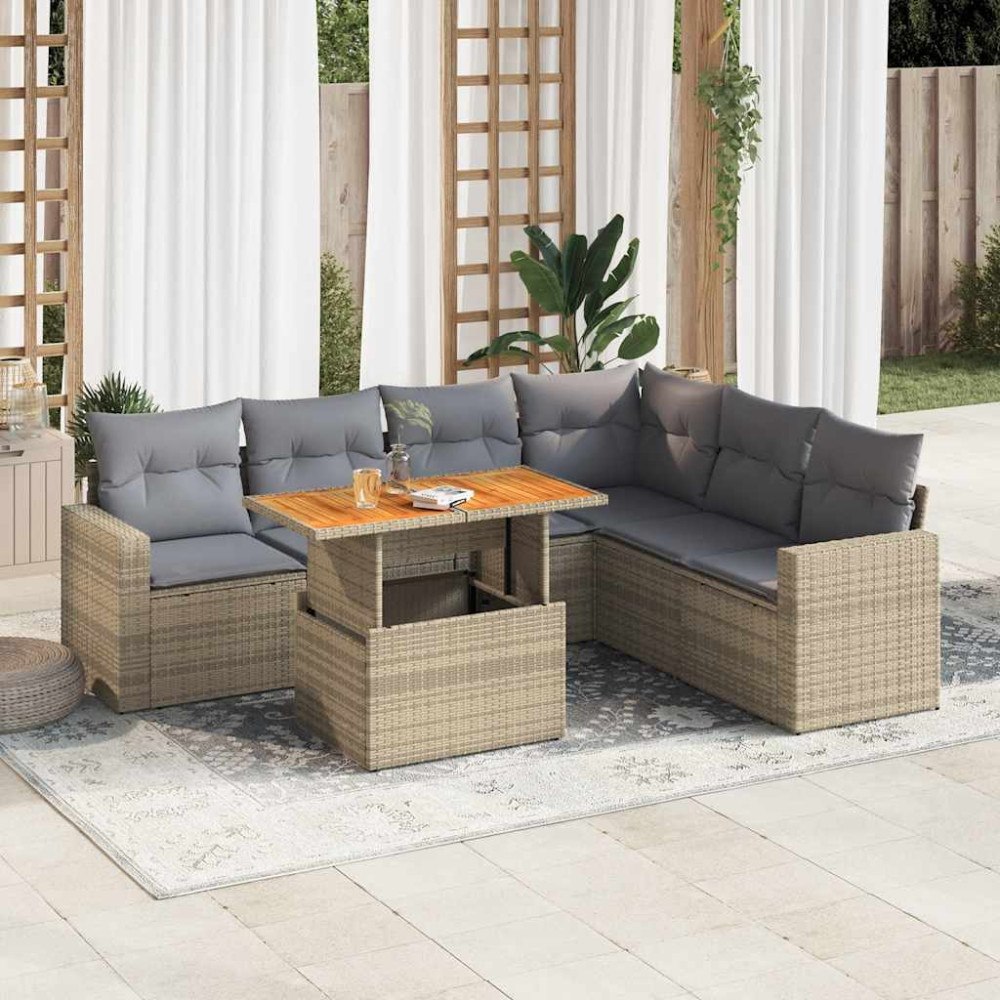 vidaXL Matgrupp för trädgården med dynor 7 delar beige konstrotting