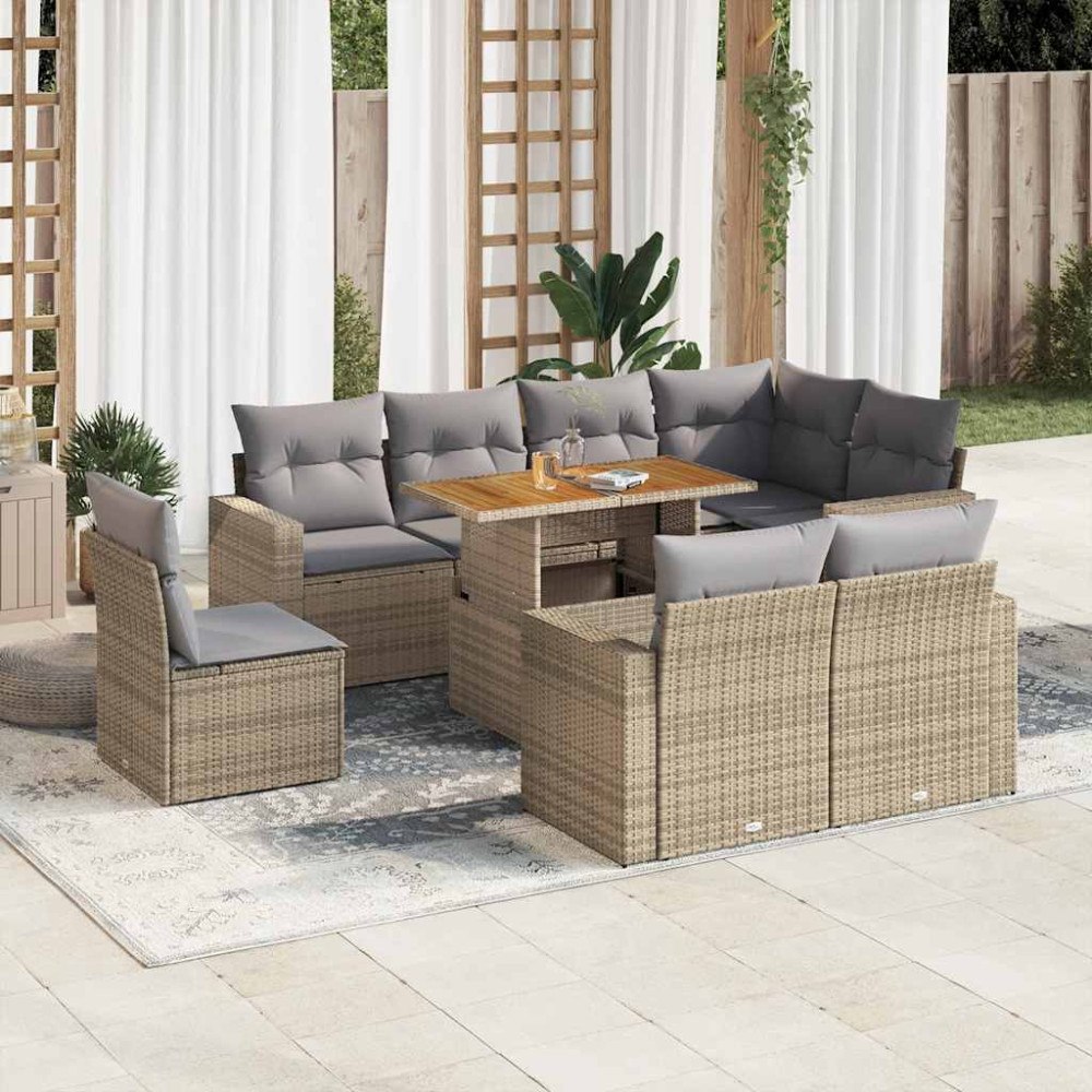 vidaXL Soffgrupp för trädgården med dynor 9 delar beige konstrotting
