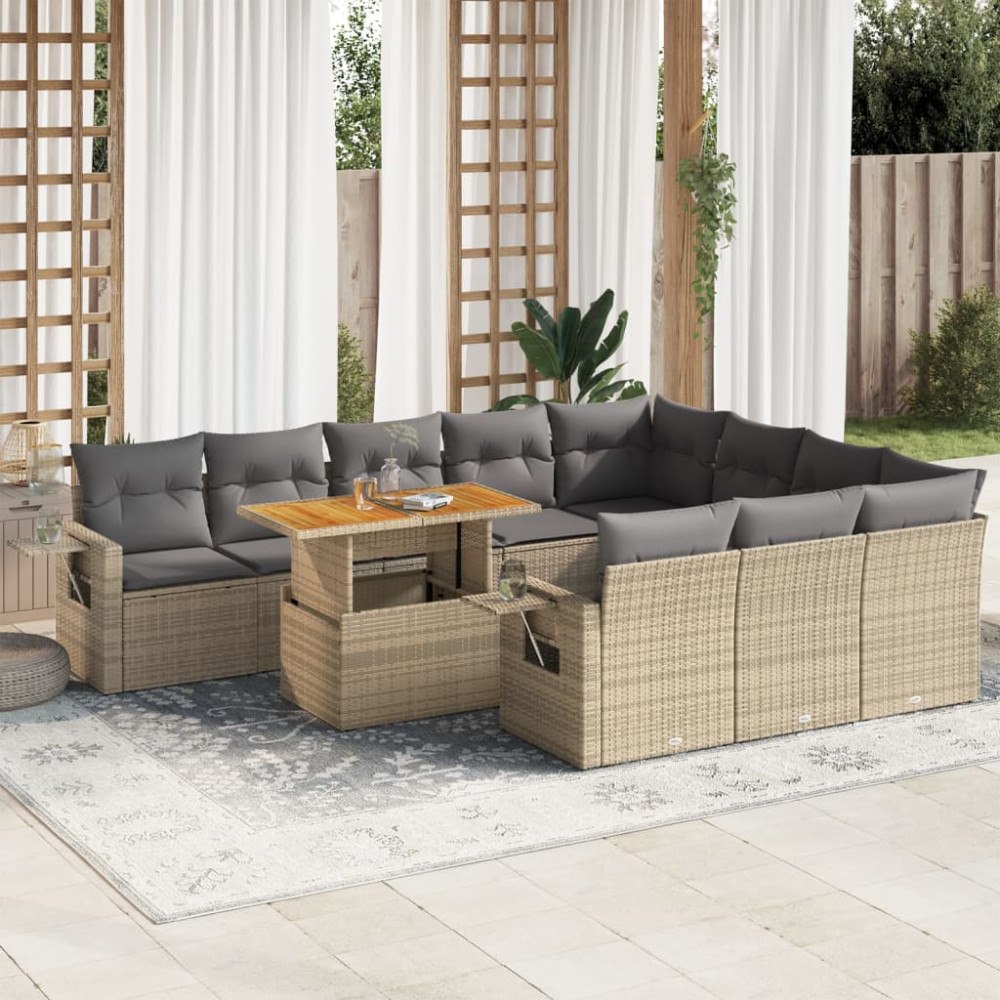vidaXL Loungegrupp för trädgården m. dynor 11 delar beige konstrotting