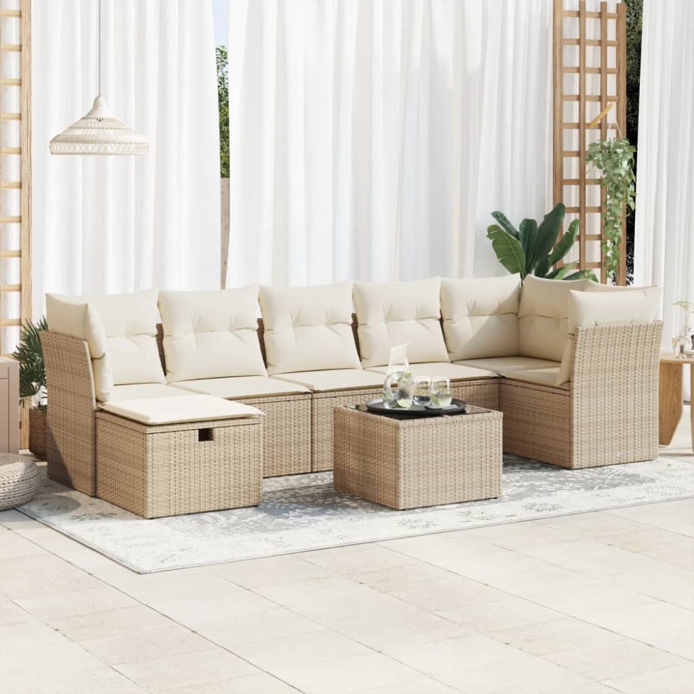 vidaXL Matgrupp för trädgården med dynor 8 delar beige konstrotting