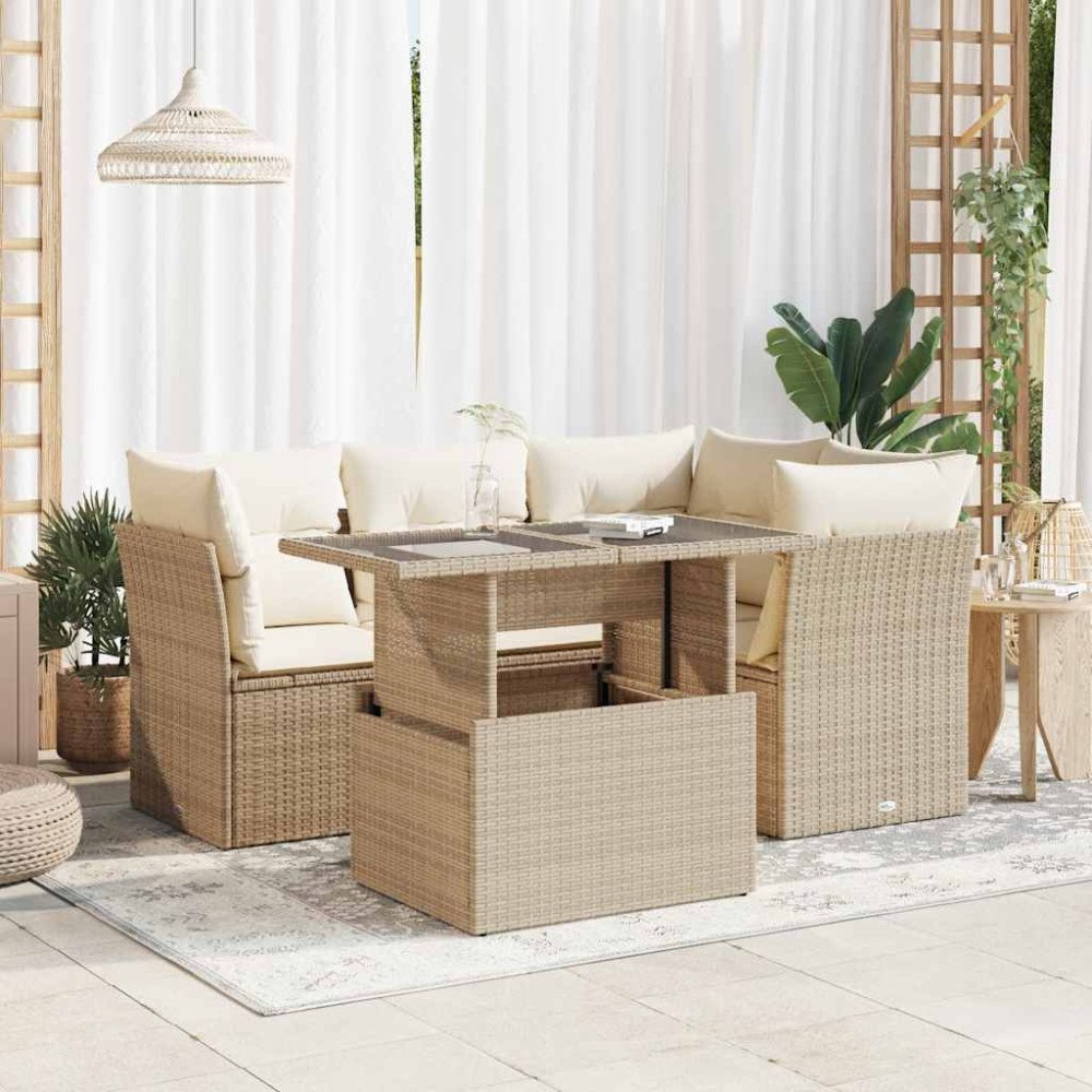 vidaXL Soffgrupp för trädgården med dynor 5 delar beige konstrotting