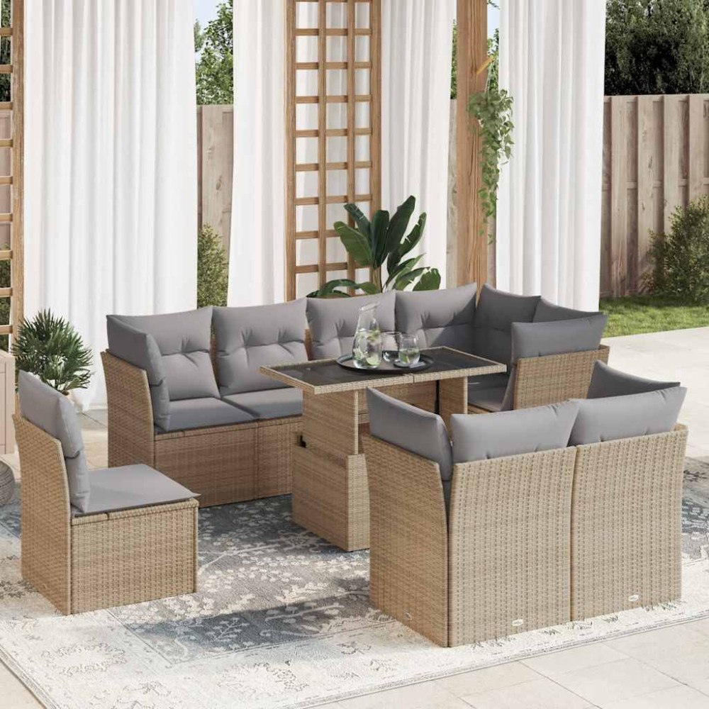 vidaXL Soffgrupp för trädgården med dynor 9 delar beige konstrotting