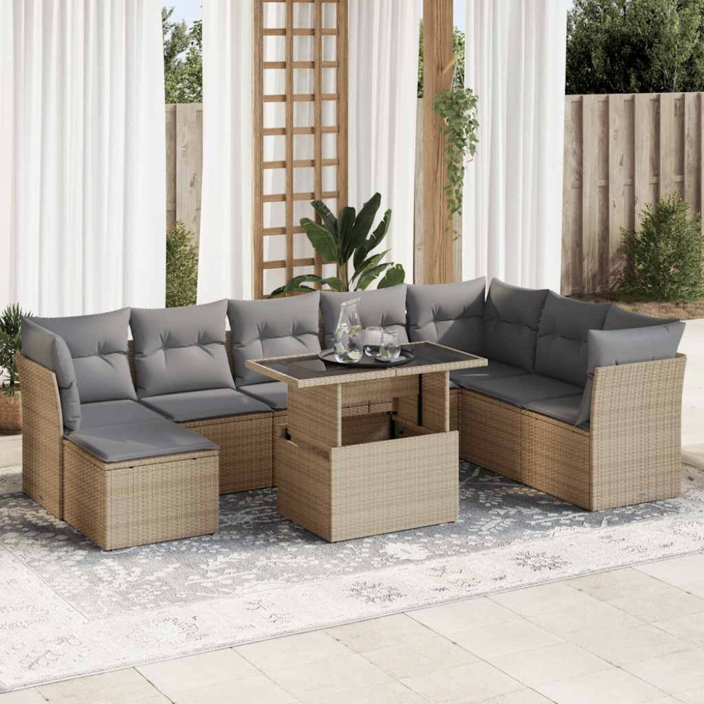 vidaXL Soffgrupp för trädgården med dynor 9 delar beige konstrotting
