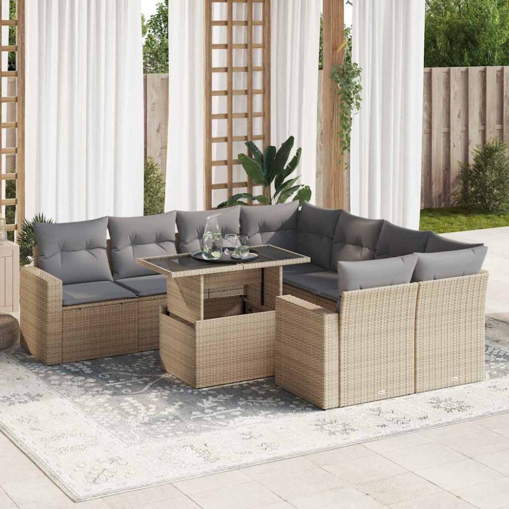 vidaXL Soffgrupp för trädgården med dynor 9 delar beige konstrotting