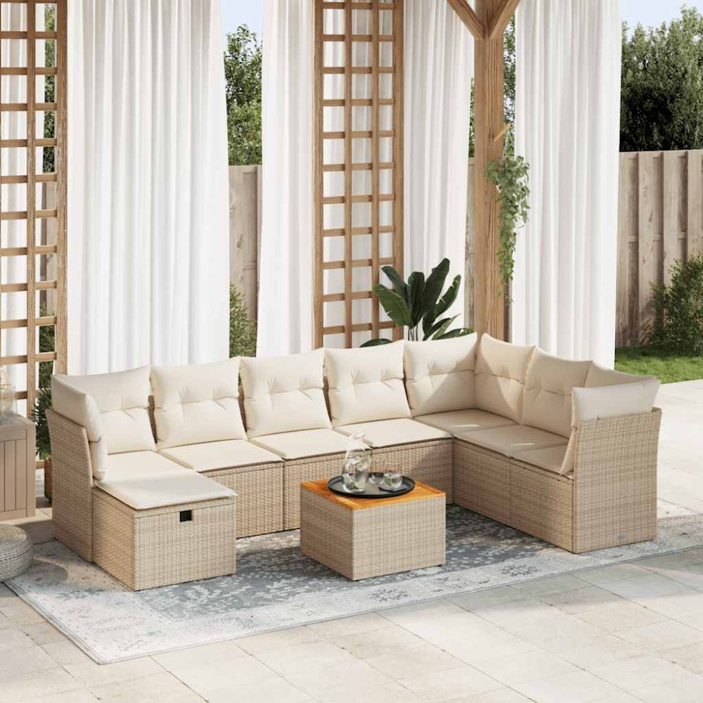vidaXL Soffgrupp för trädgården med dynor 9 delar beige konstrotting