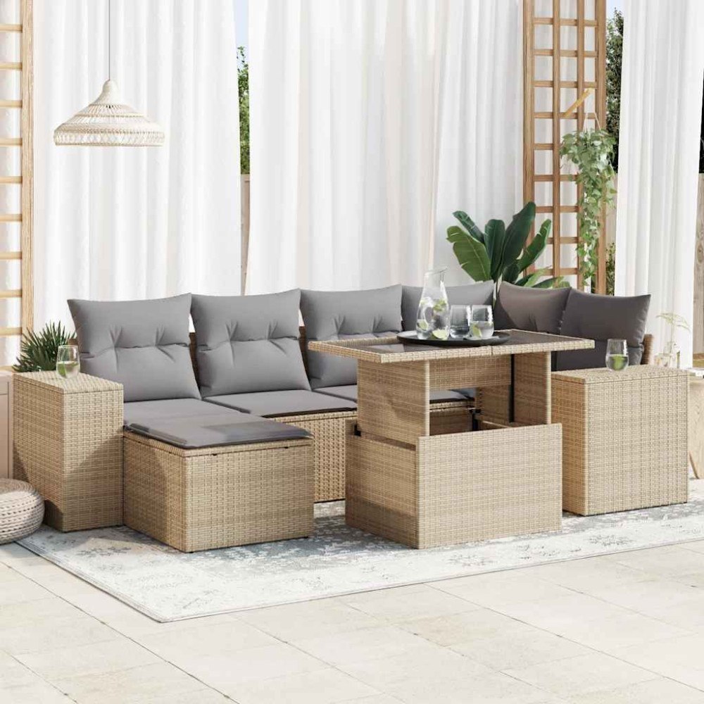 vidaXL Matgrupp för trädgården med dynor 7 delar beige konstrotting
