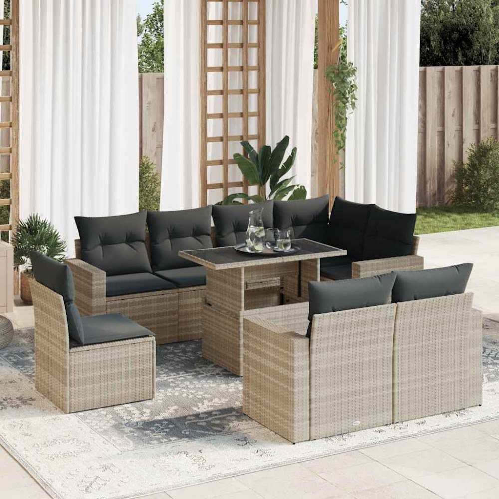 vidaXL Loungegrupp för trädgården m dynor 9 delar ljusgrå konstrotting