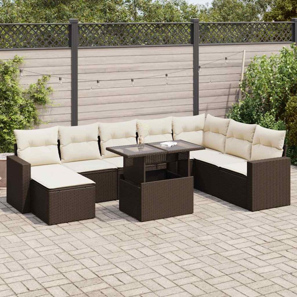 vidaXL Loungegrupp för trädgården med dynor 9 delar konstrotting brun