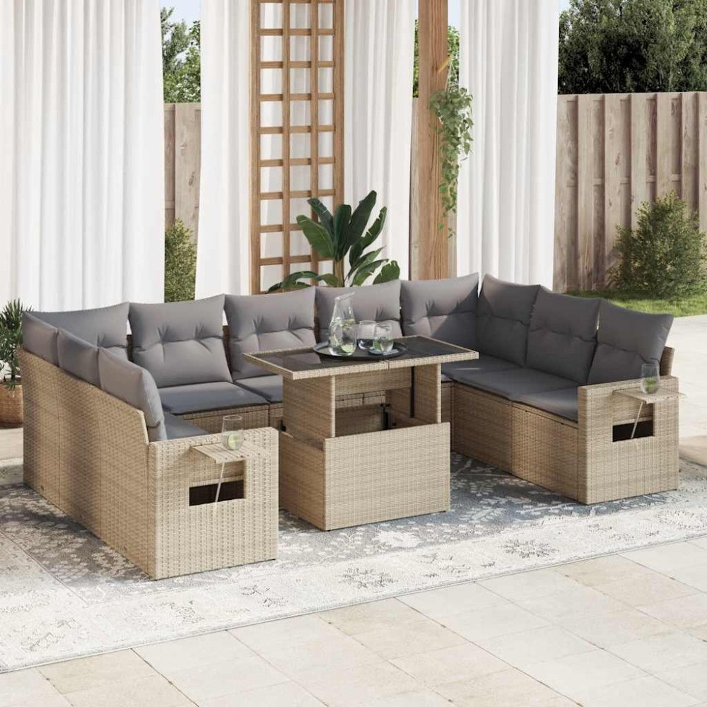 vidaXL Soffgrupp för trädgård med dynor 10 delar beige konstrotting