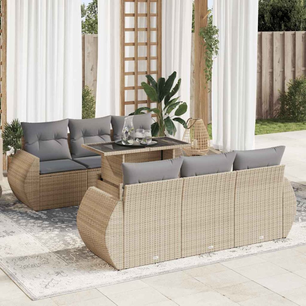 vidaXL Matgrupp för trädgården med dynor 7 delar beige konstrotting