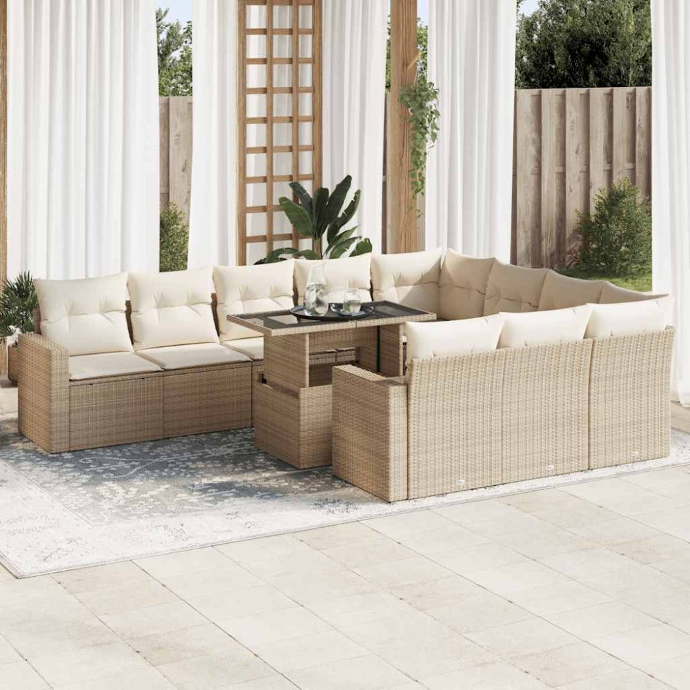 vidaXL Loungegrupp för trädgården m. dynor 11 delar beige konstrotting
