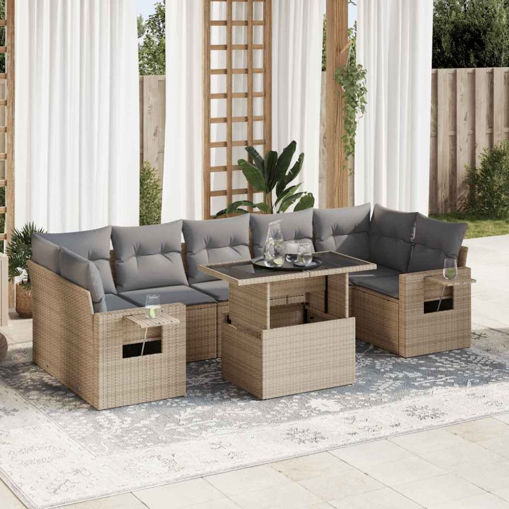 vidaXL Matgrupp för trädgården med dynor 8 delar beige konstrotting