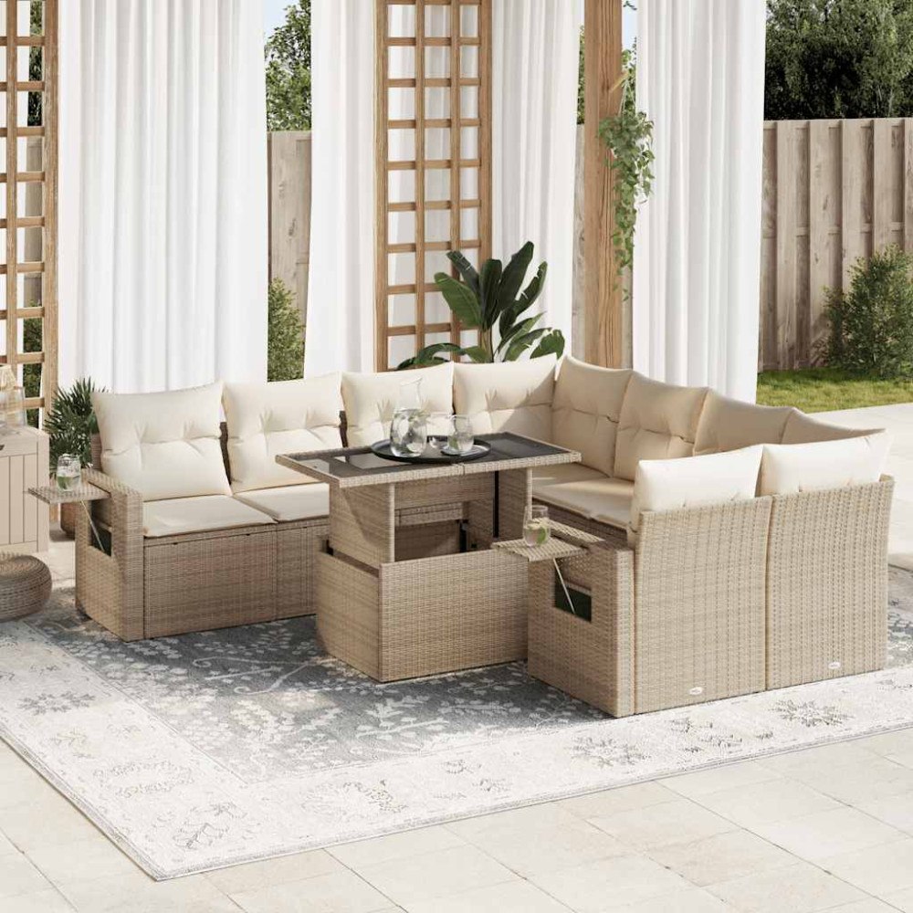 vidaXL Soffgrupp för trädgården med dynor 9 delar beige konstrotting