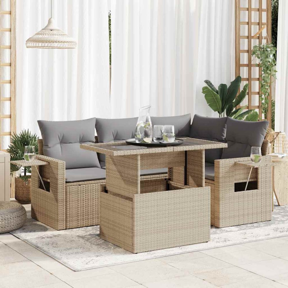 vidaXL Soffgrupp för trädgården med dynor 5 delar beige konstrotting