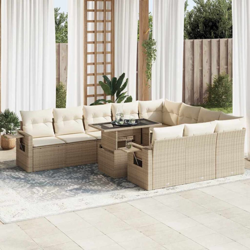 vidaXL Loungegrupp för trädgården m. dynor 11 delar beige konstrotting