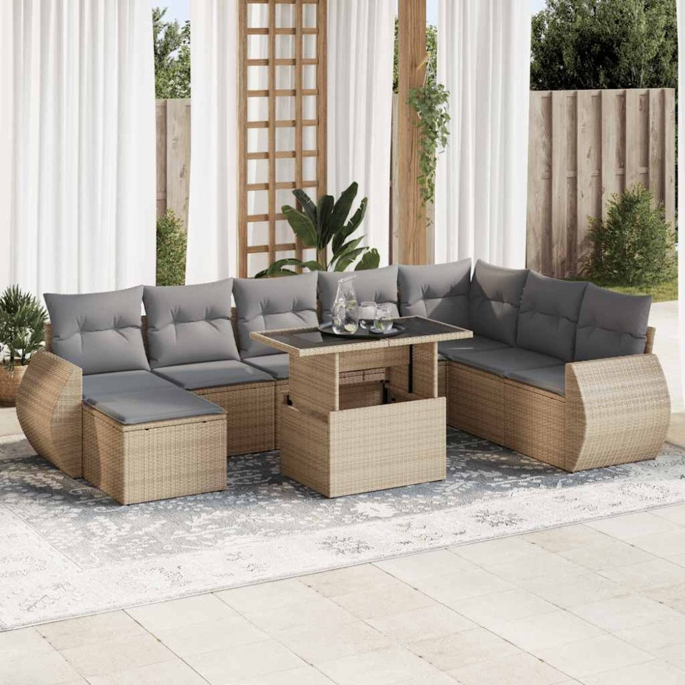 vidaXL Soffgrupp för trädgården med dynor 9 delar beige konstrotting
