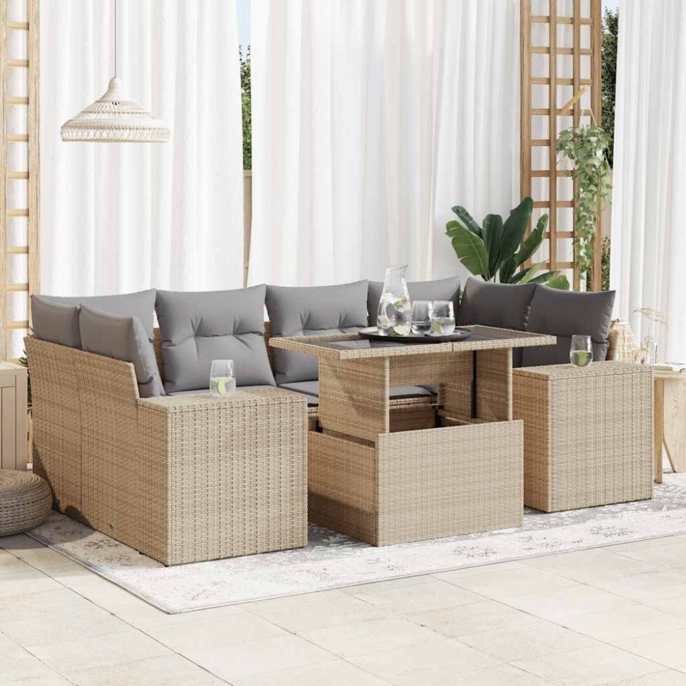 vidaXL Matgrupp för trädgården med dynor 7 delar beige konstrotting