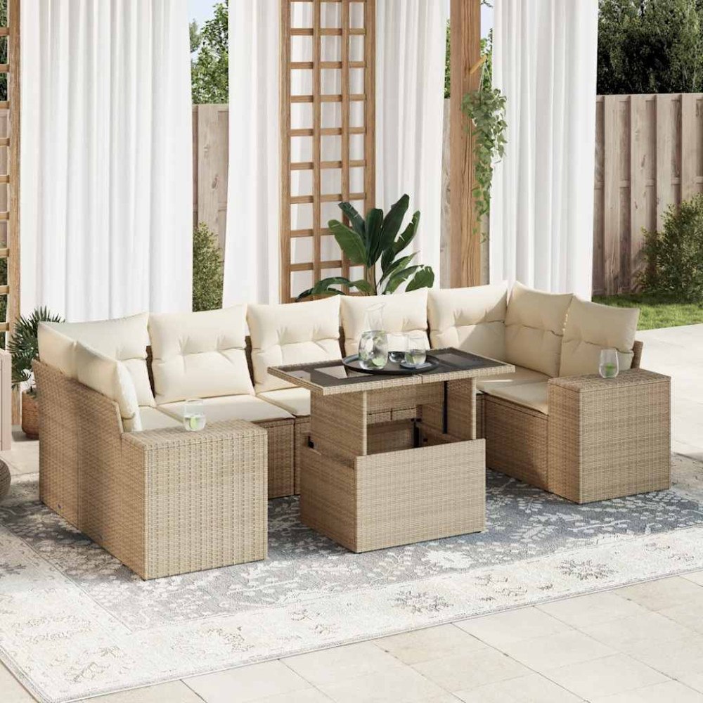 vidaXL Matgrupp för trädgården med dynor 8 delar beige konstrotting