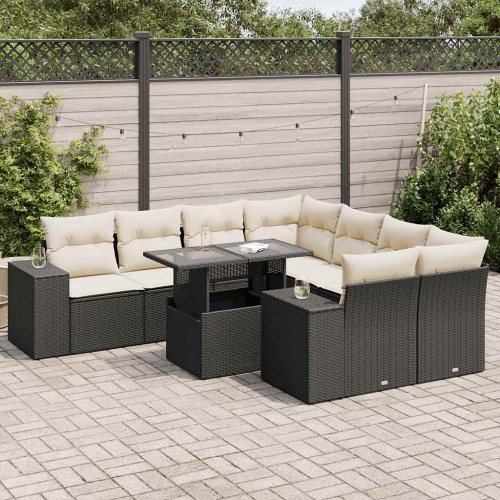 vidaXL Loungegrupp för trädgården m dynor 9 delar svart konstrottning