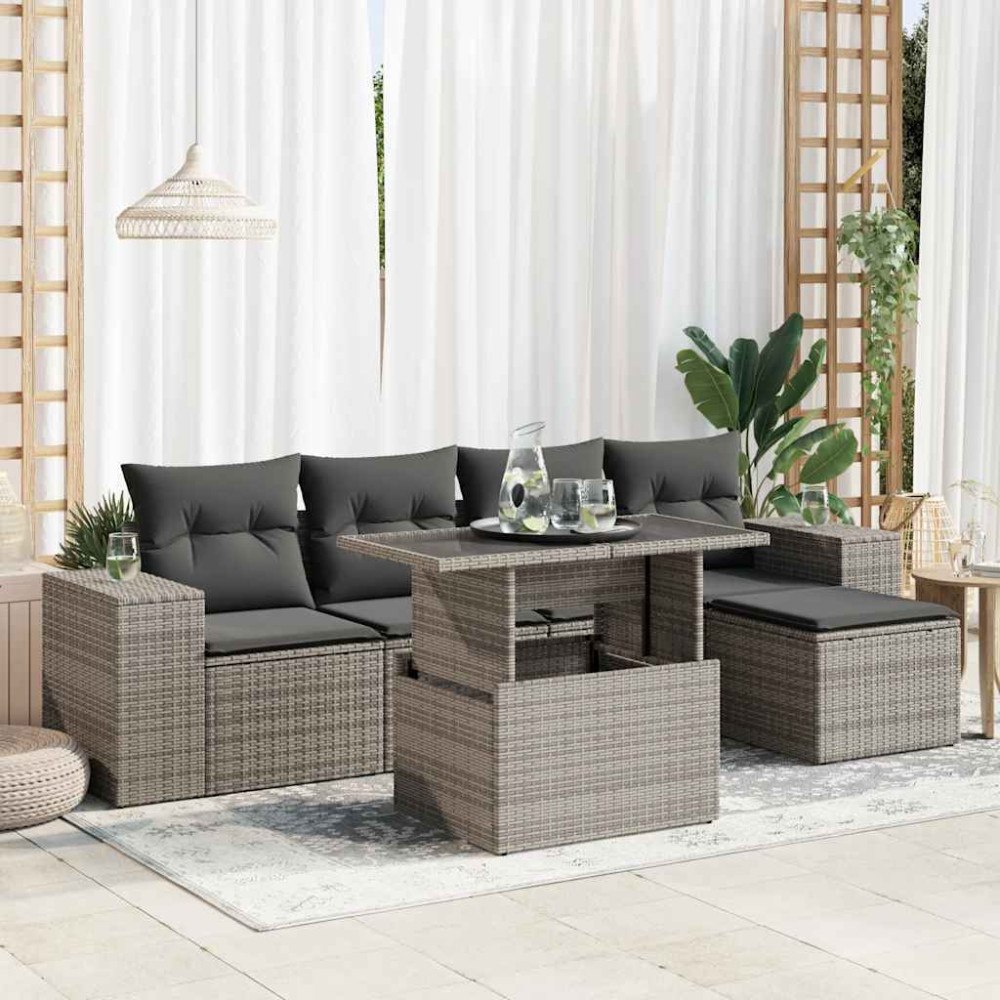 vidaXL Loungegrupp för trädgården med dynor 6 delar grå konstrotting